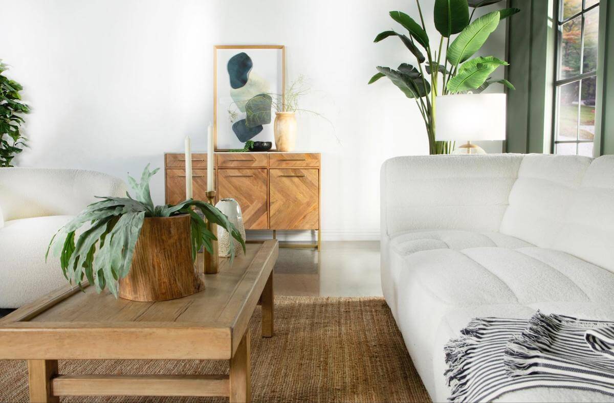 Organic modern: living room with white and wooden furniture