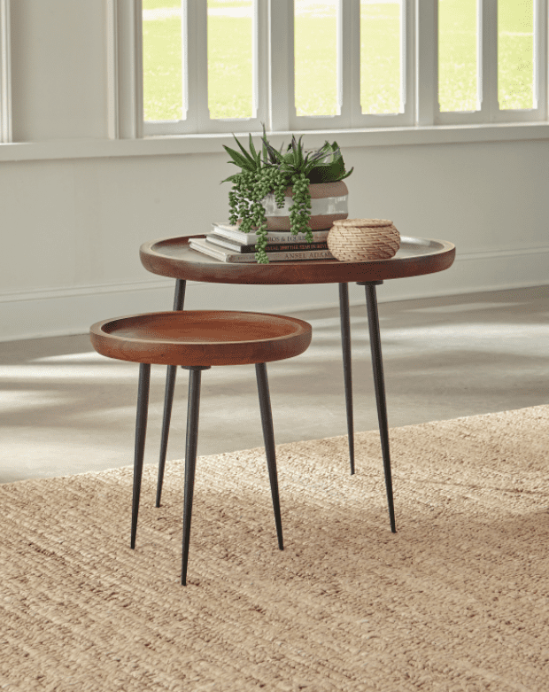 Coaster tables in cinnamon and gunmetal from