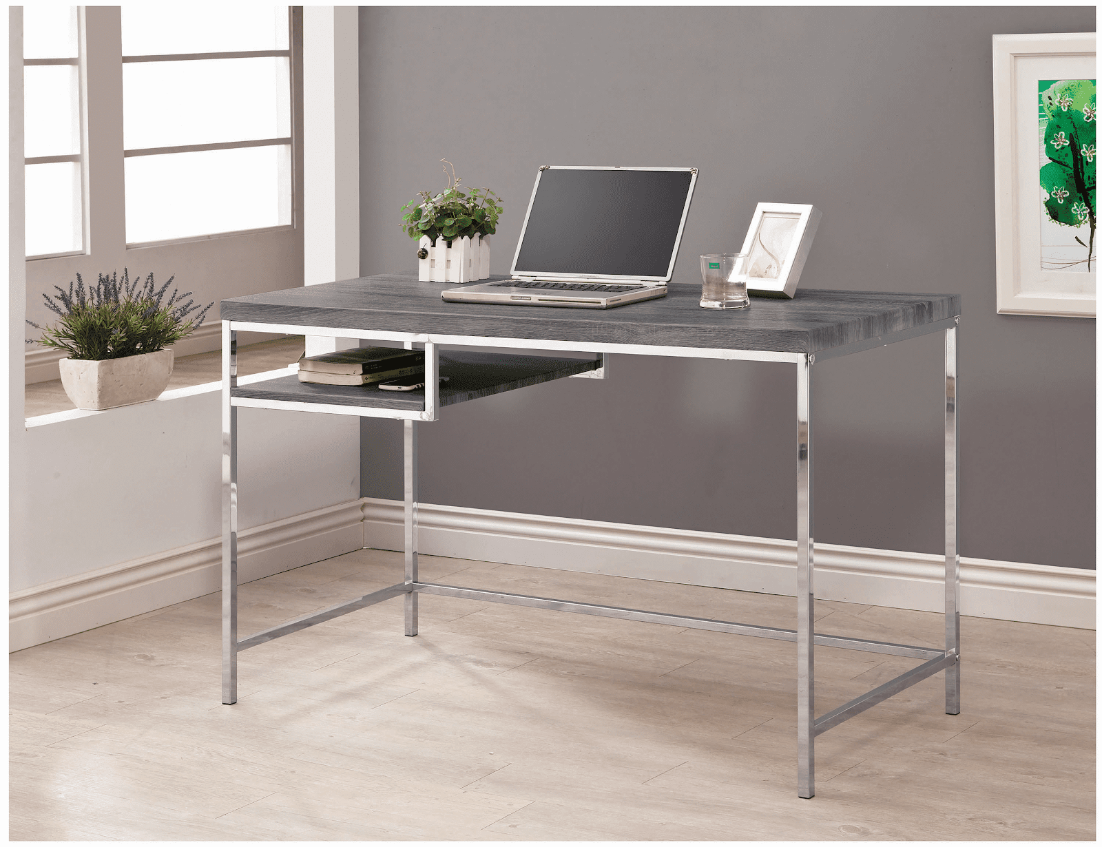 Modern home office: Kravitz rectangular writing desk weathered grey and chrome