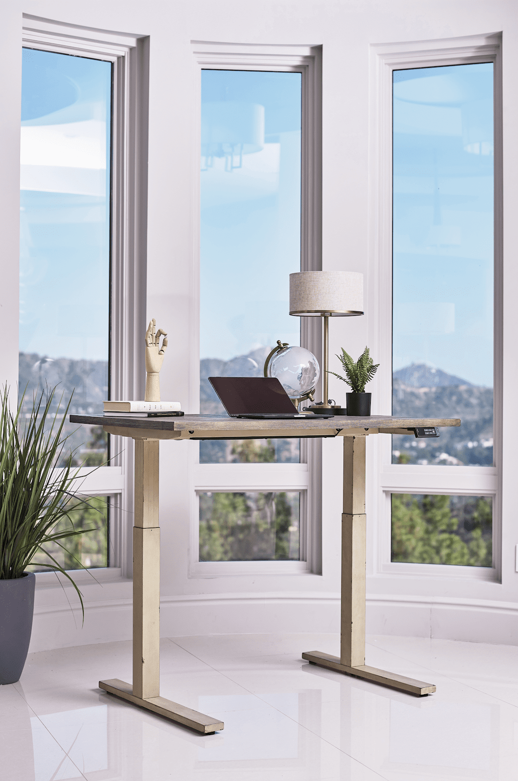 Modern home office: Myers adjustable height standing desk weathered pine and antique ivory