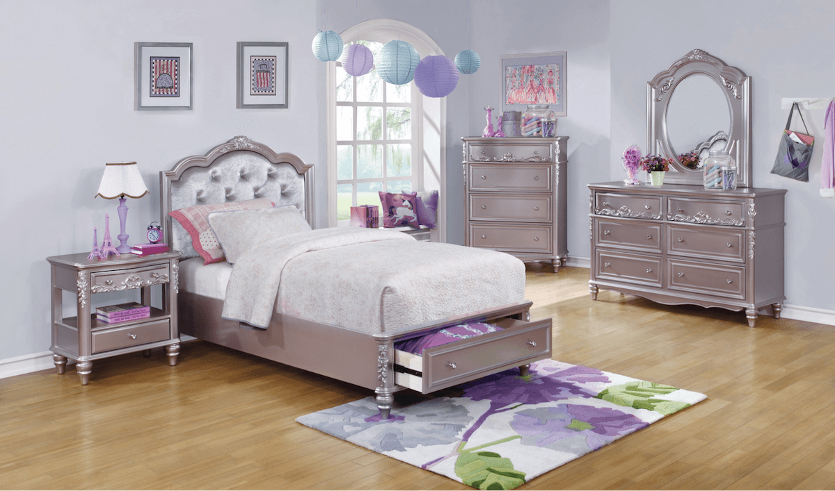 room organization ideas: Caroline Twin Storage Bed Metallic Lilac and Grey