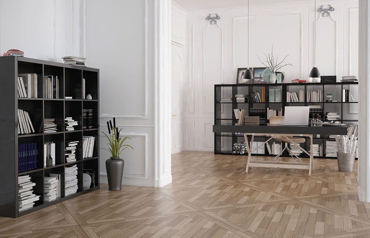 home organization: Room with white walls, an office desk and two bookcases