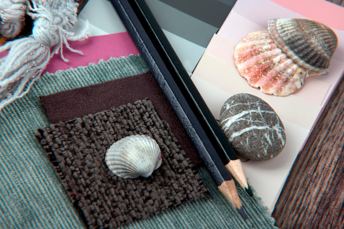 Seashells, pencils and color swatches