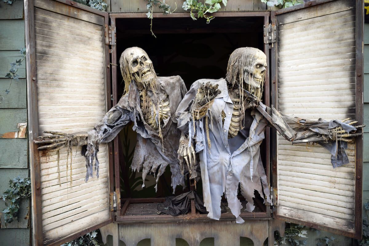 Halloween house decorations: skeleton decor in a window