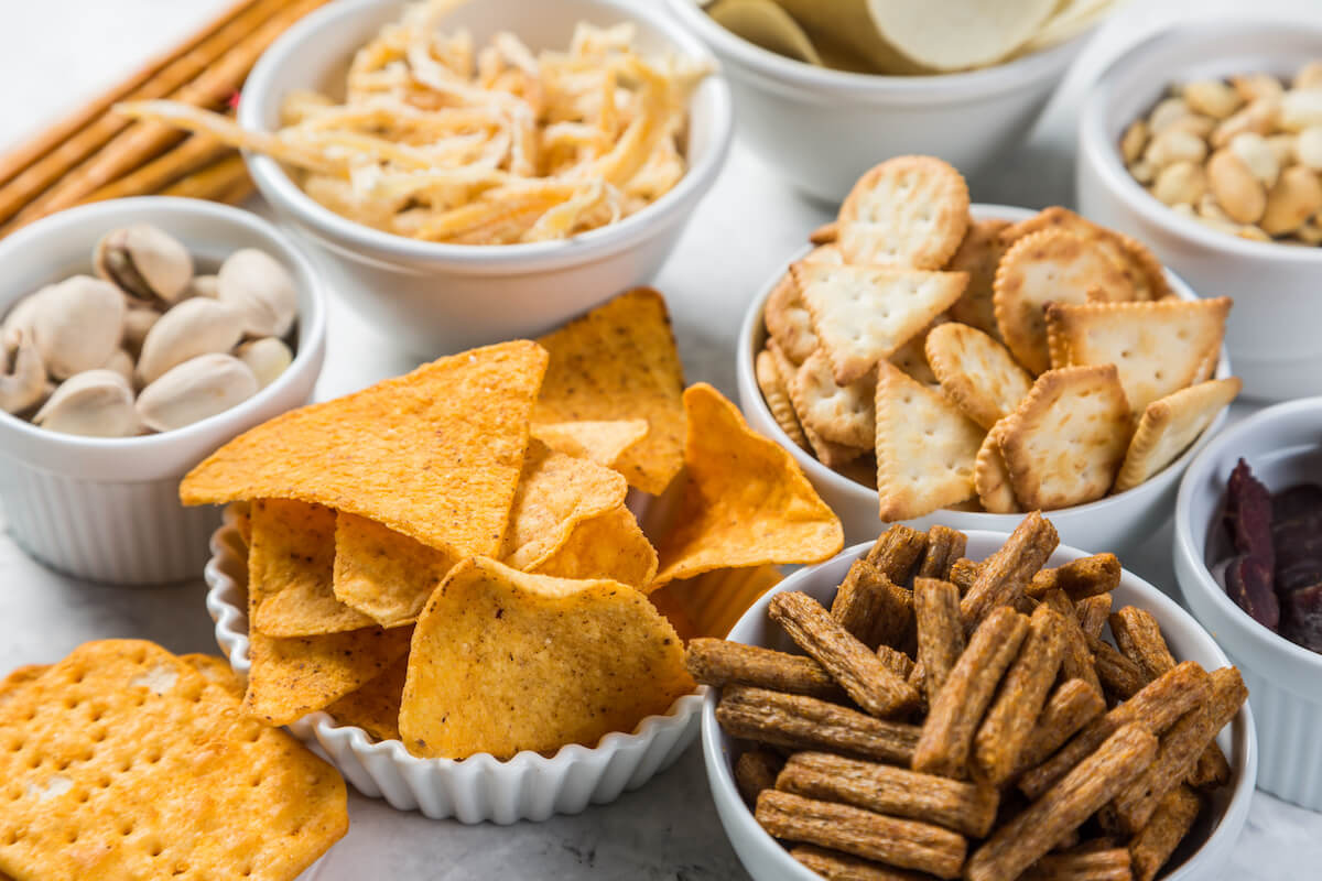 Snacks in white bowls