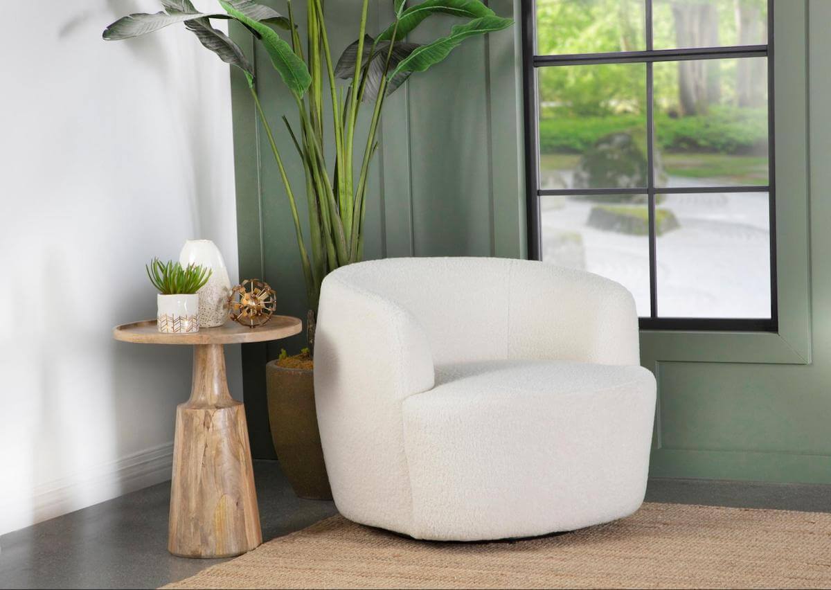 Natural wood furniture: white chair beside a wooden side table