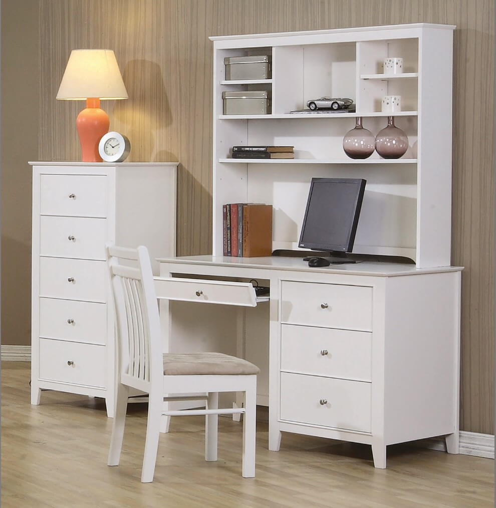 White desk, chair, and drawers