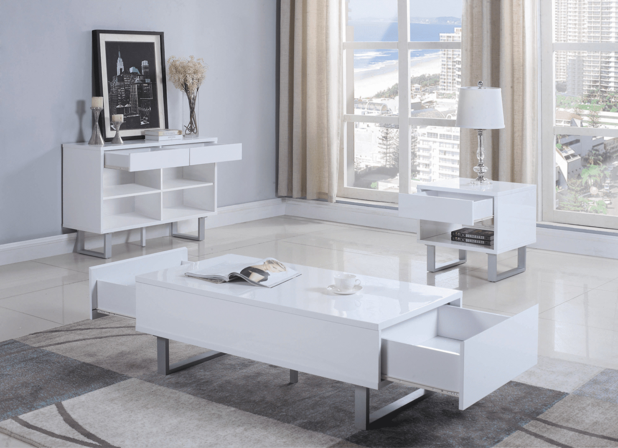 modern home furniture: 2-drawer coffee table in high glossy white