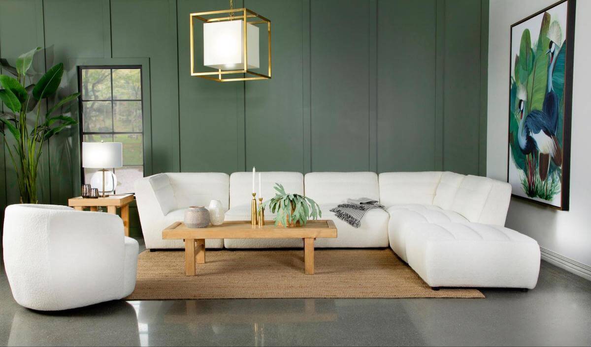 White living room with wooden tables