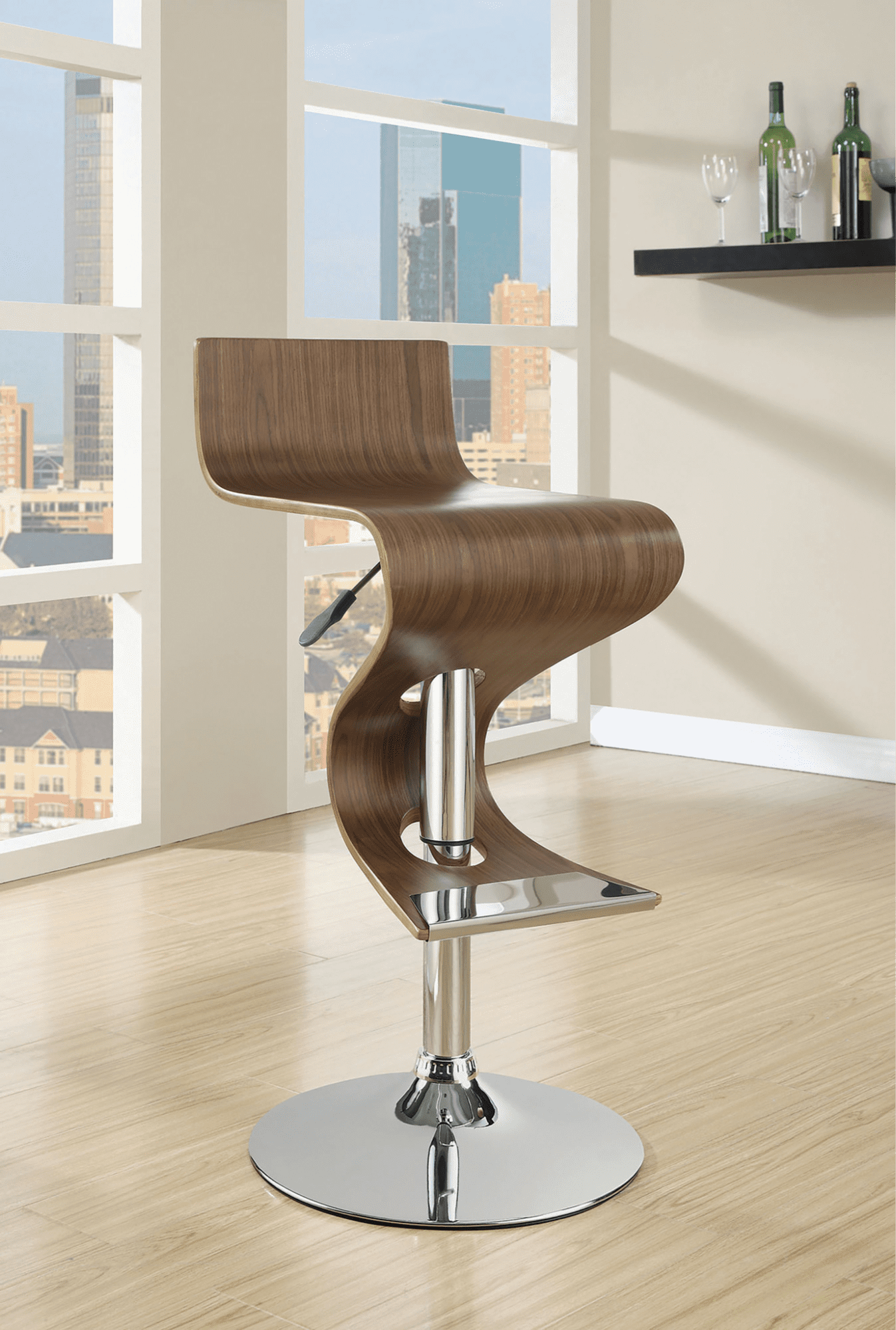 Adjustable bar stool in walnut and chrome